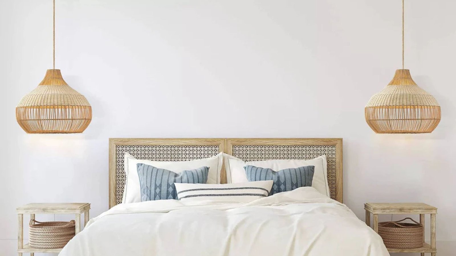 Beatrice Rattan Pendant Light in a boutique hotel style bedroom