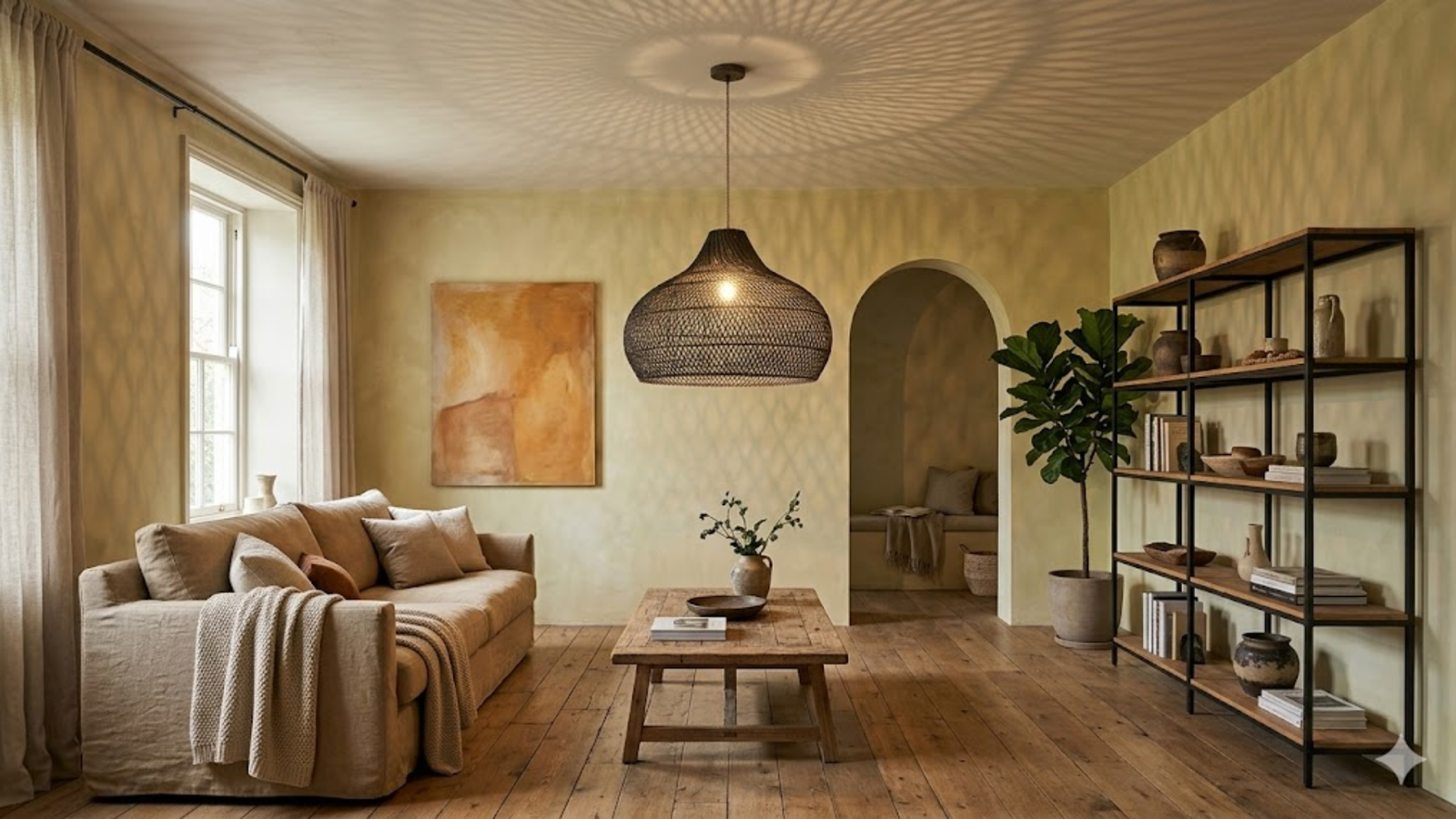 Latigo Rattan Pendant Light in a warm living room