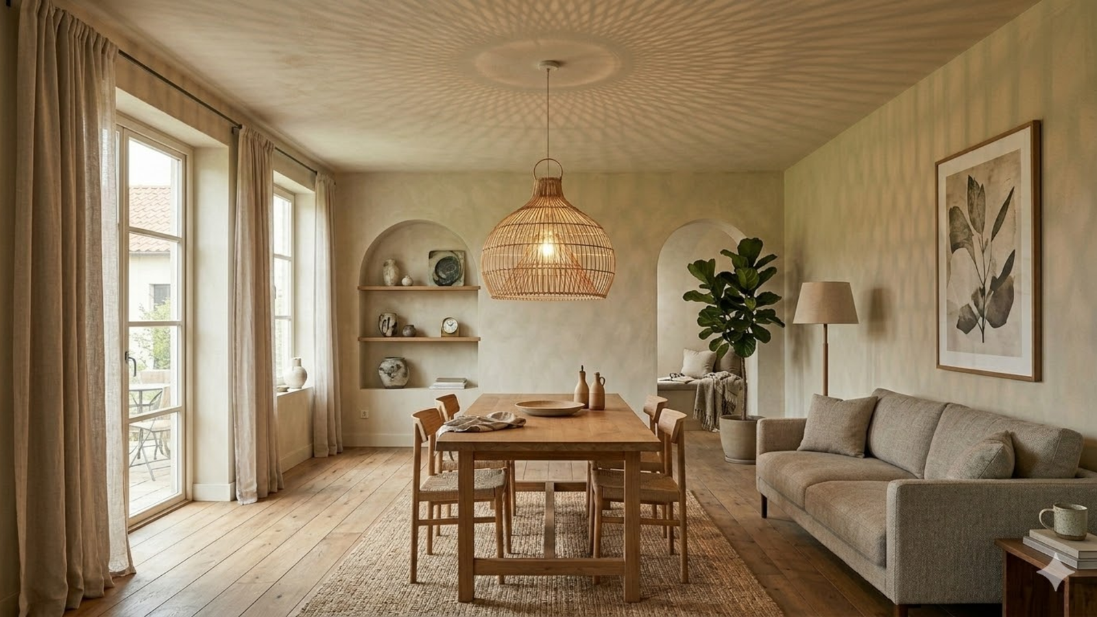 The Serena Rattan Dome Light in a cozy living room