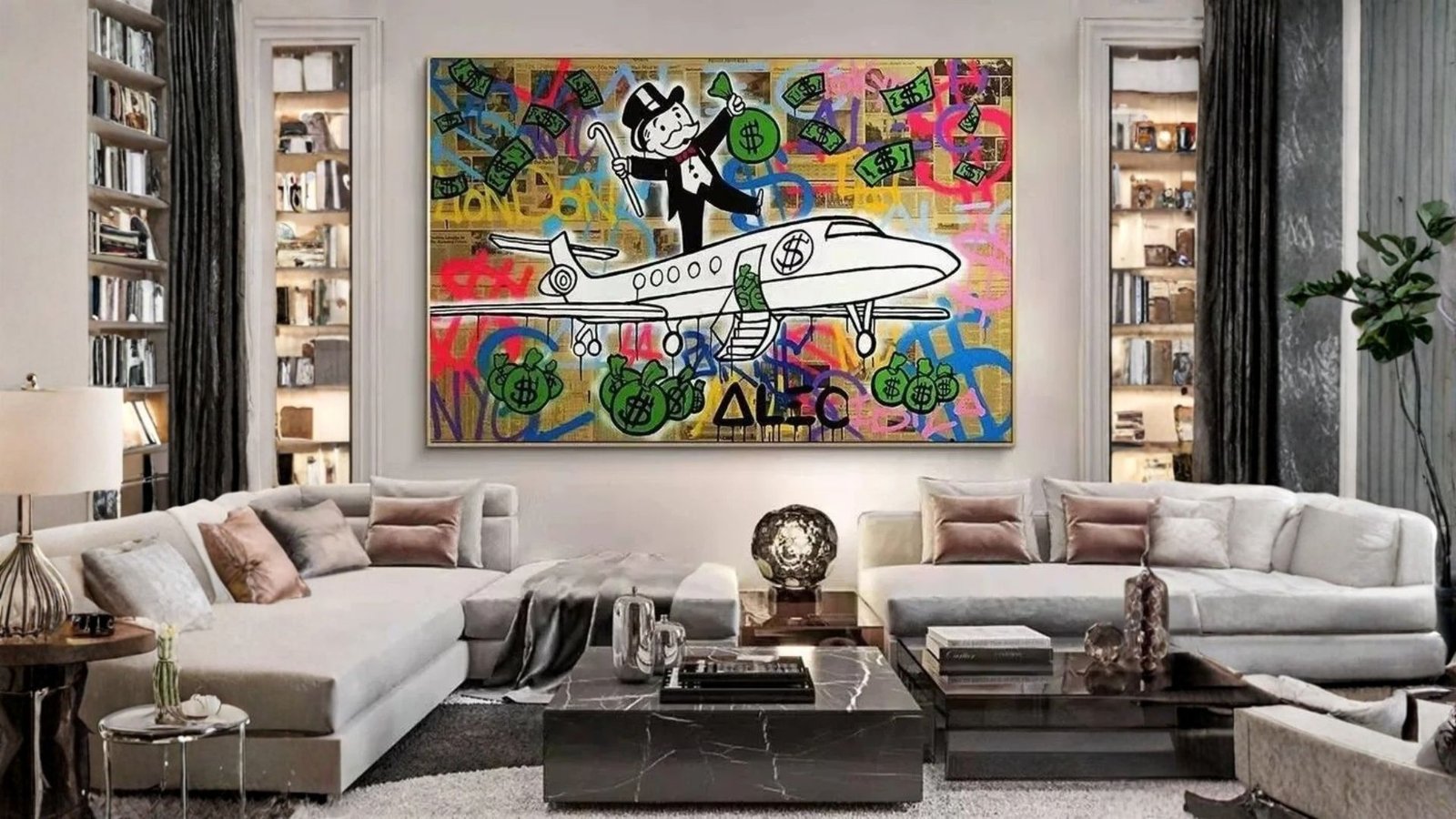 Alec Monopoly Graffiti Canvas Art in a living room
