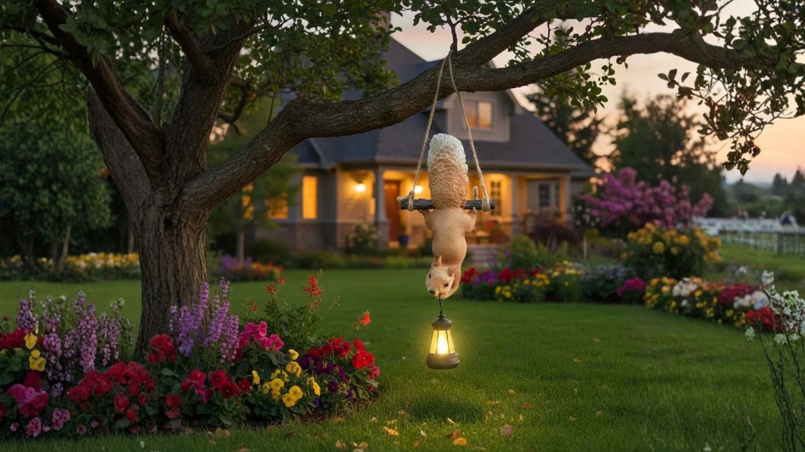 Solar LED Squirrel Garden Statue glowing at dusk
