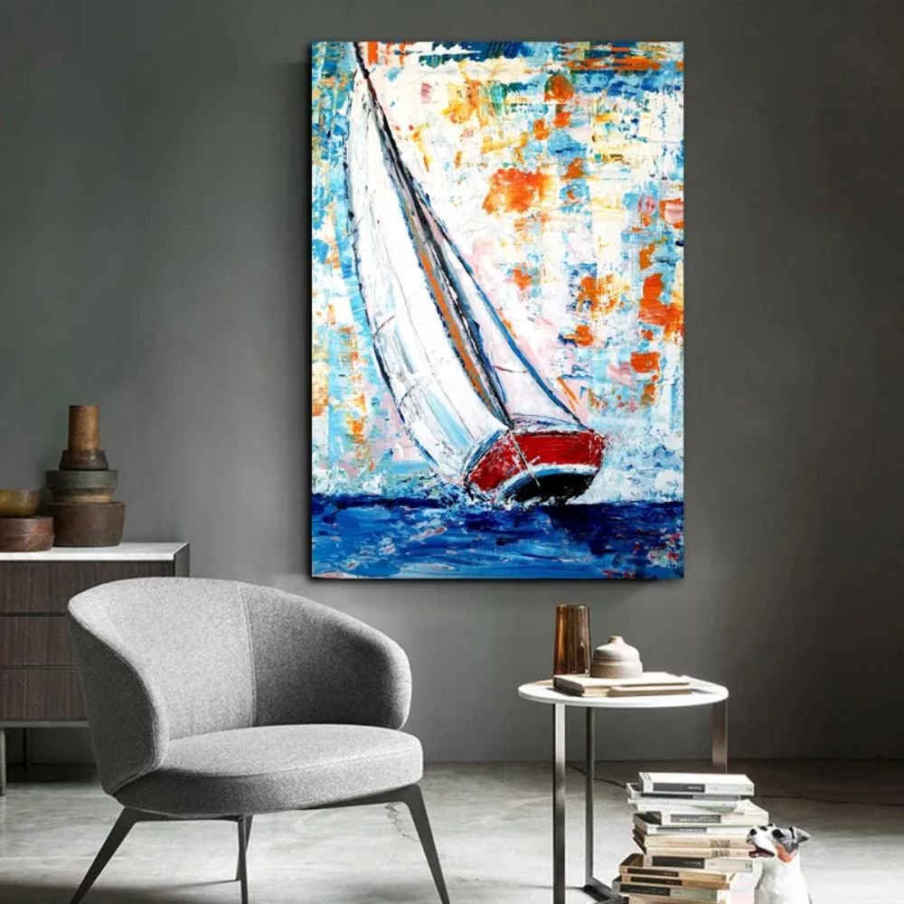 Colorful Boat Wall Art Canvas Painting Coastal Landscape Living Room