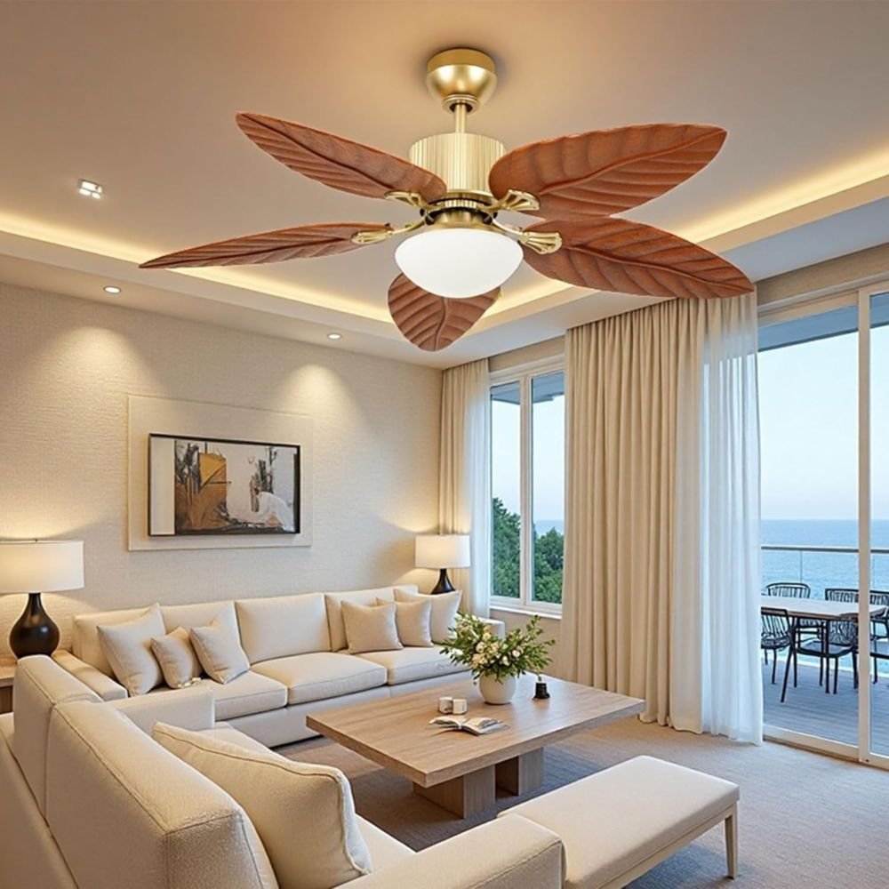 52 Inch Tropical Ceiling Fan with Light Remote 3-Color LED 6-Speed DC Motor Bedroom Living Room