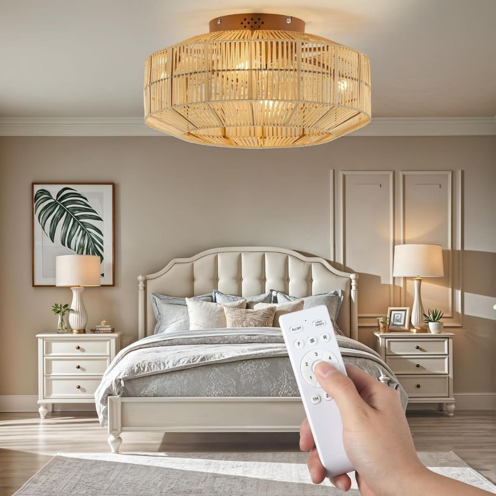 18 Inch Caged Ceiling Fan Flush Mount Boho Fandelier Rustic Yellow Remote Control Bedroom Kitchen
