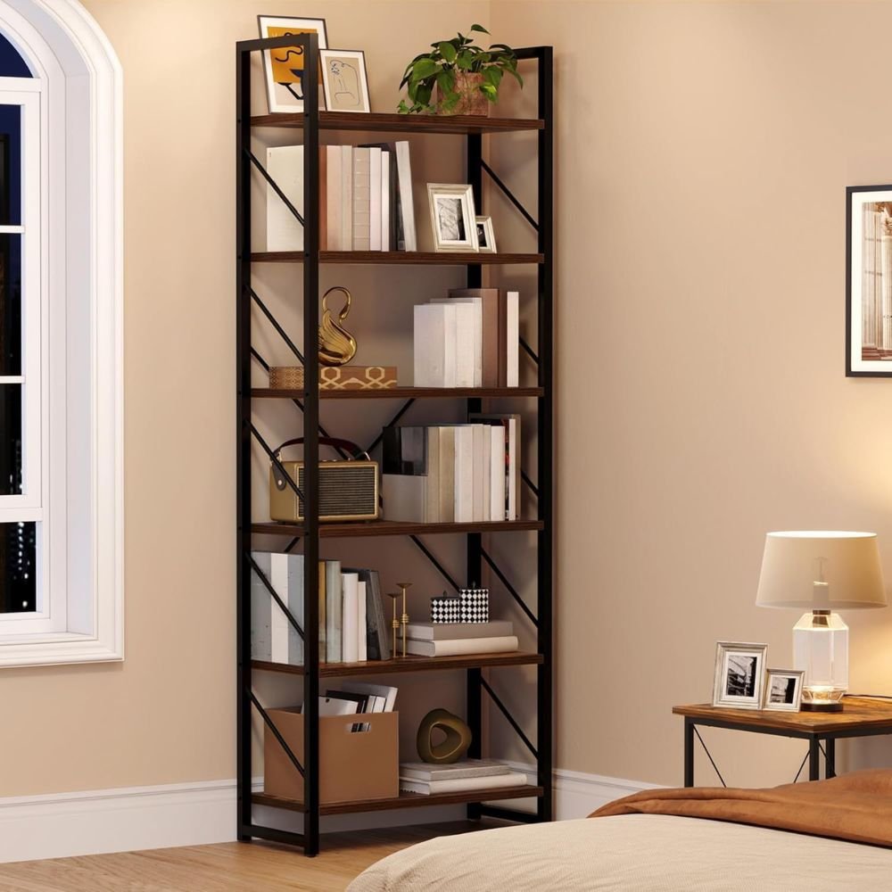 Industrial 6 Tier Bookshelf Tall Bookcase Open Display Storage Rack Rustic Brown Living Room Bedroom Office