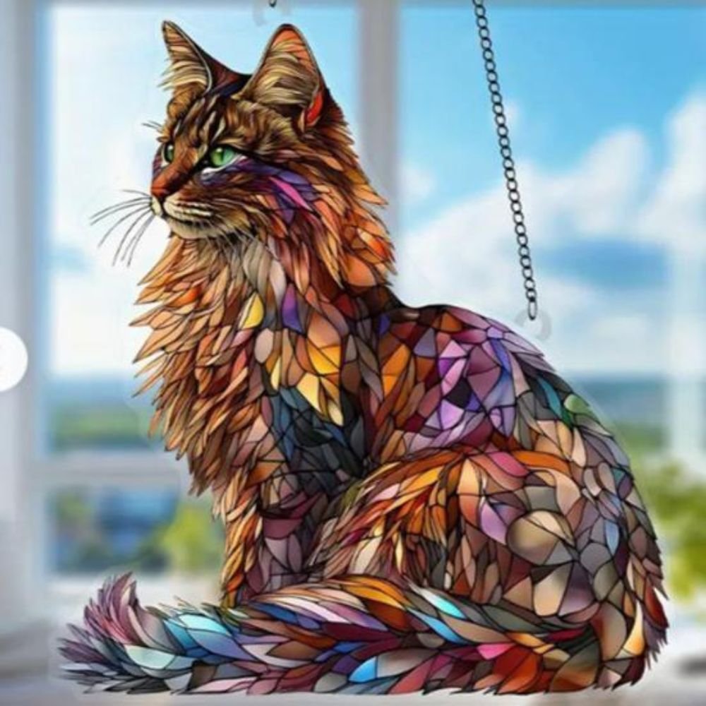 Cat Stained Art Ornament Acrylic Window Hanging Sun Catcher Colorful Cat Panel Wall Hanging Art Decor for Cat Lovers