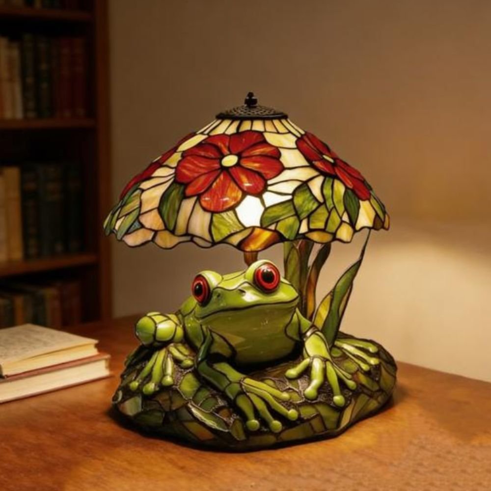 Frog & Flower Resin Warm Glow Decorative Table Lamp Handcrafted Night Light