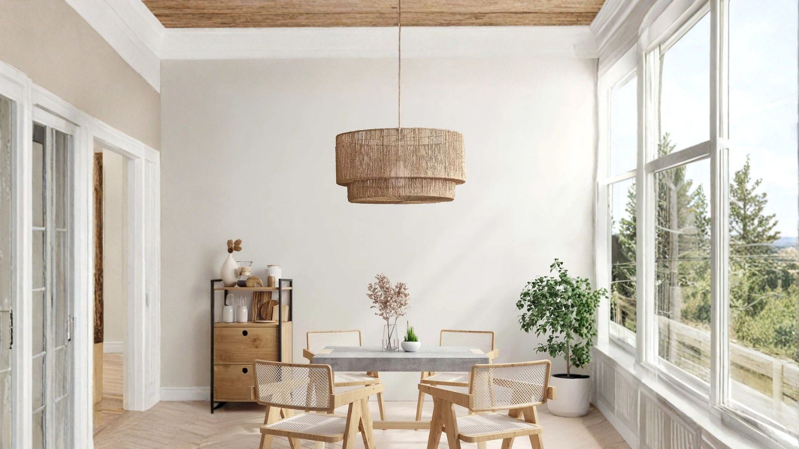 Luminous Rattan Pendant Light by Rowabi — lace-weave jute in warm interior