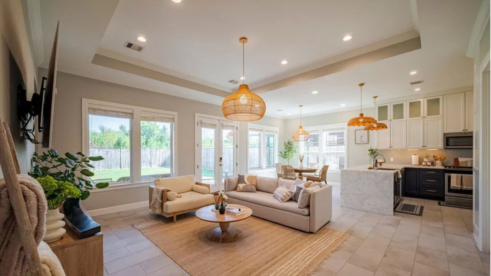 Beatrice Rattan Pendant Light installed above dining table