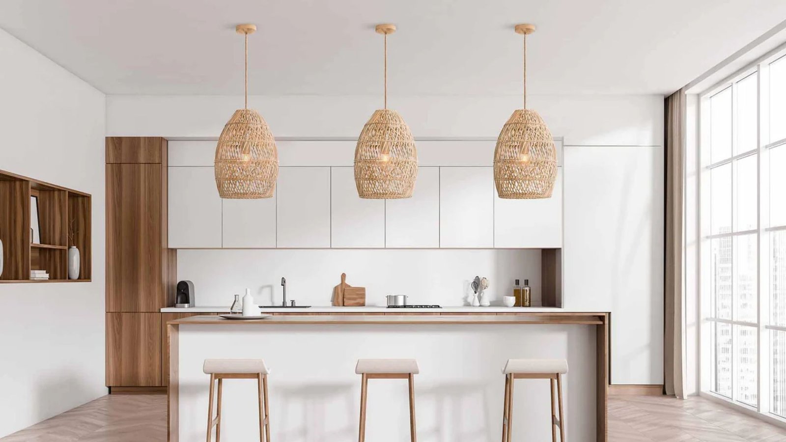 Callie Rattan Pendant Light by Rowabi styled in a warm natural interior